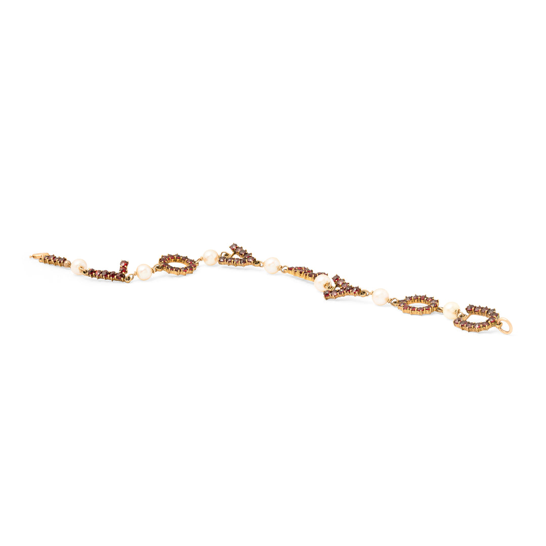 "I Love You" Garnet, Pearl, And 10K Gold Link Bracelet