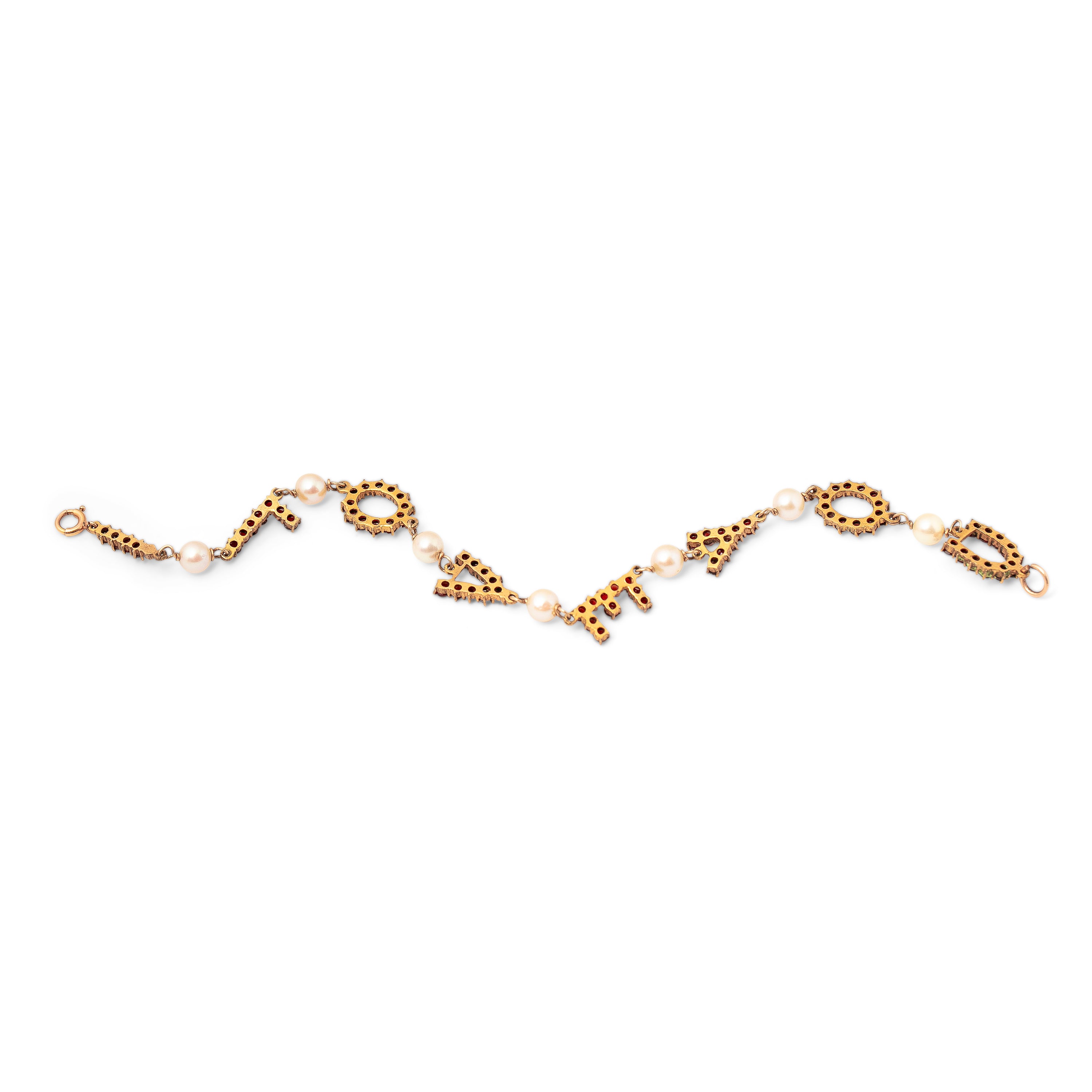 "I Love You" Garnet, Pearl, And 10K Gold Link Bracelet