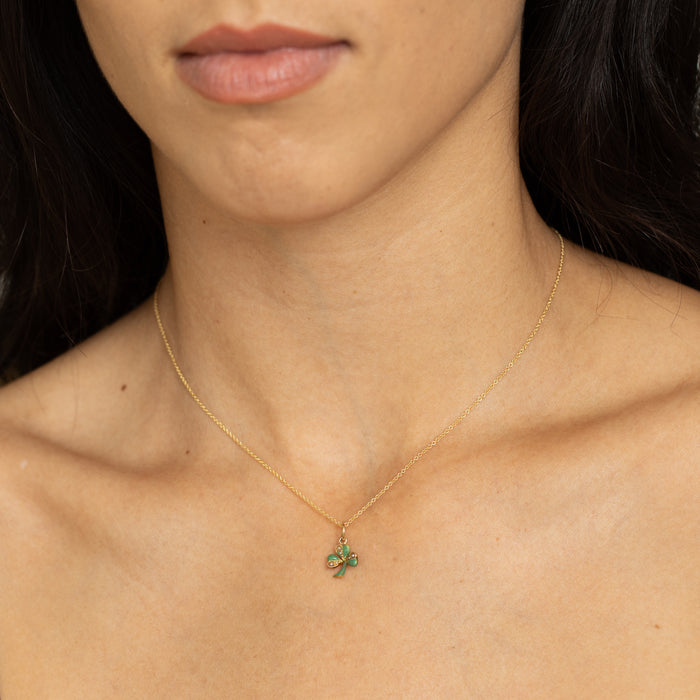 Green Enamel Clover Pearl And 14K Gold Charm