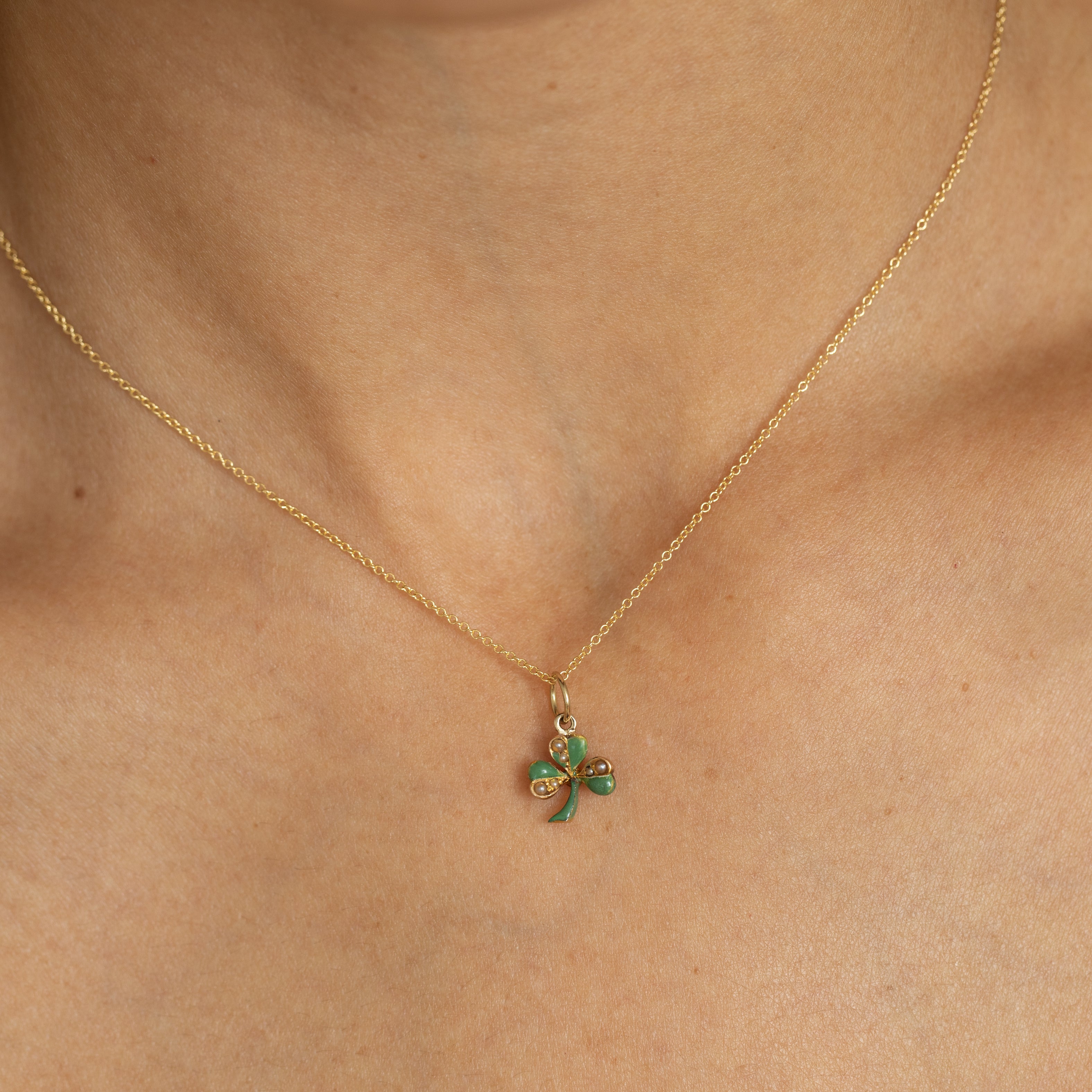 Green Enamel Clover Pearl And 14K Gold Charm