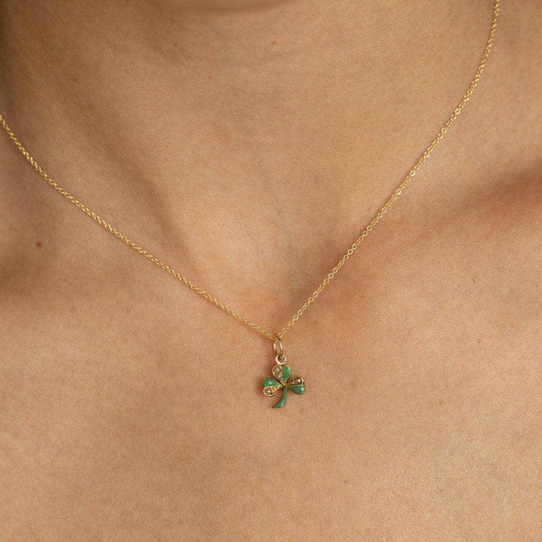 Green Enamel Clover Pearl And 14K Gold Charm