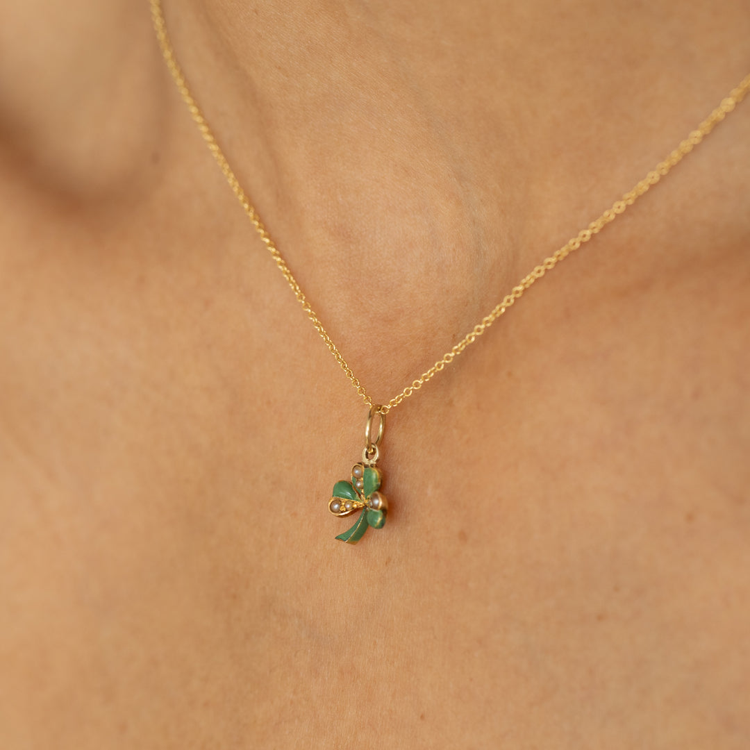 Green Enamel Clover Pearl And 14K Gold Charm