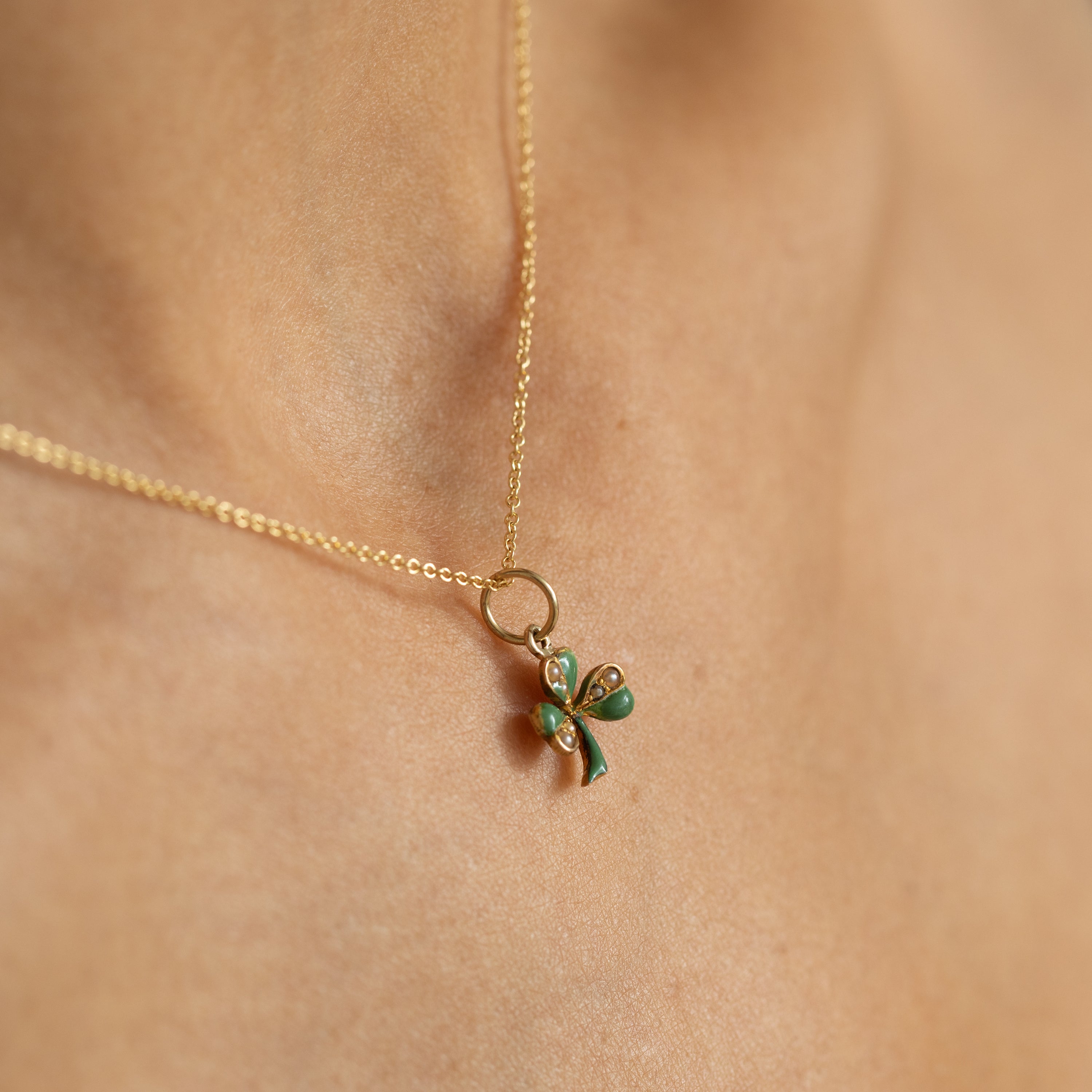 Green Enamel Clover Pearl And 14K Gold Charm