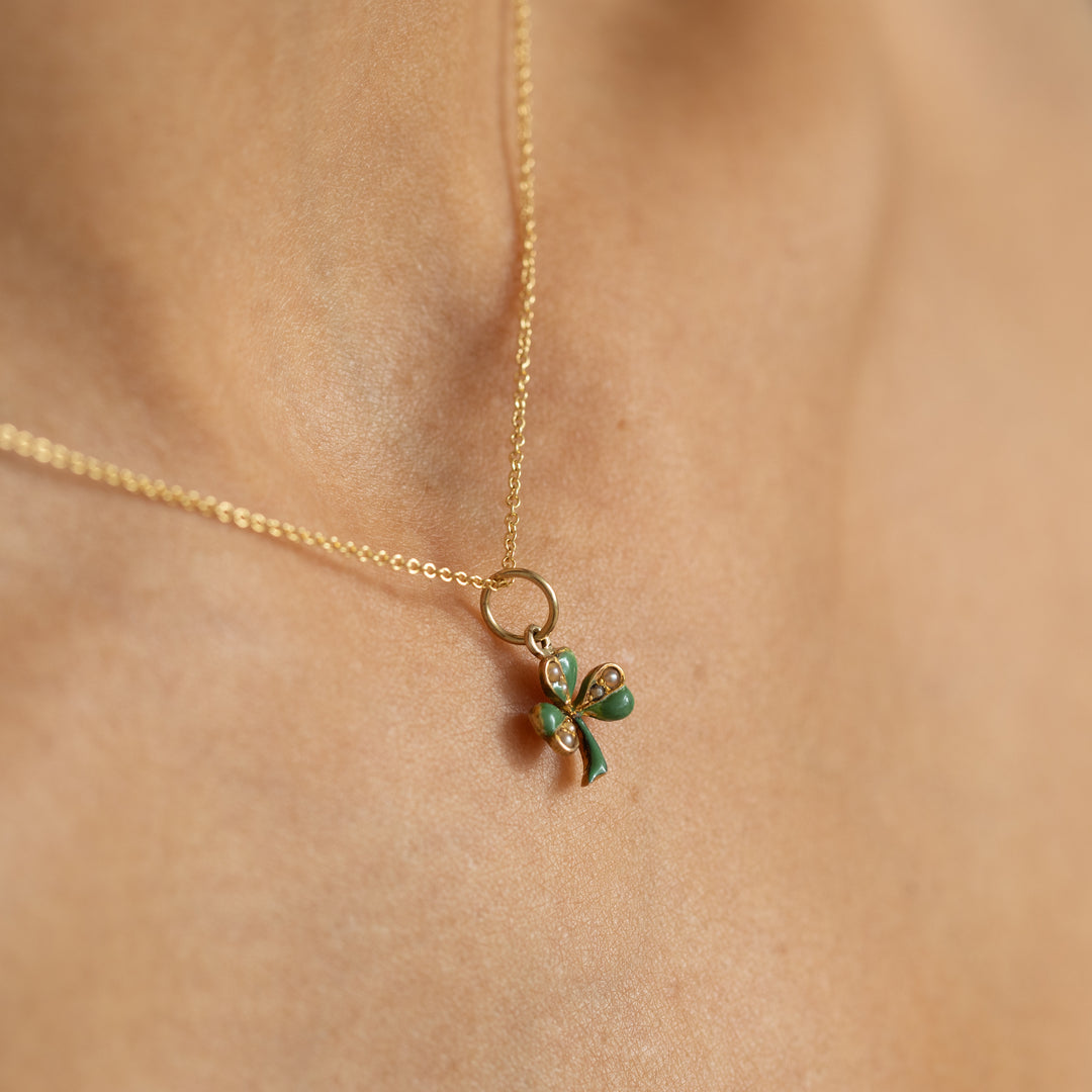 Green Enamel Clover Pearl And 14K Gold Charm