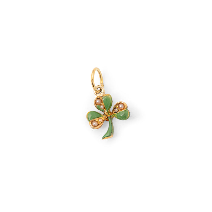 Green Enamel Clover Pearl And 14K Gold Charm