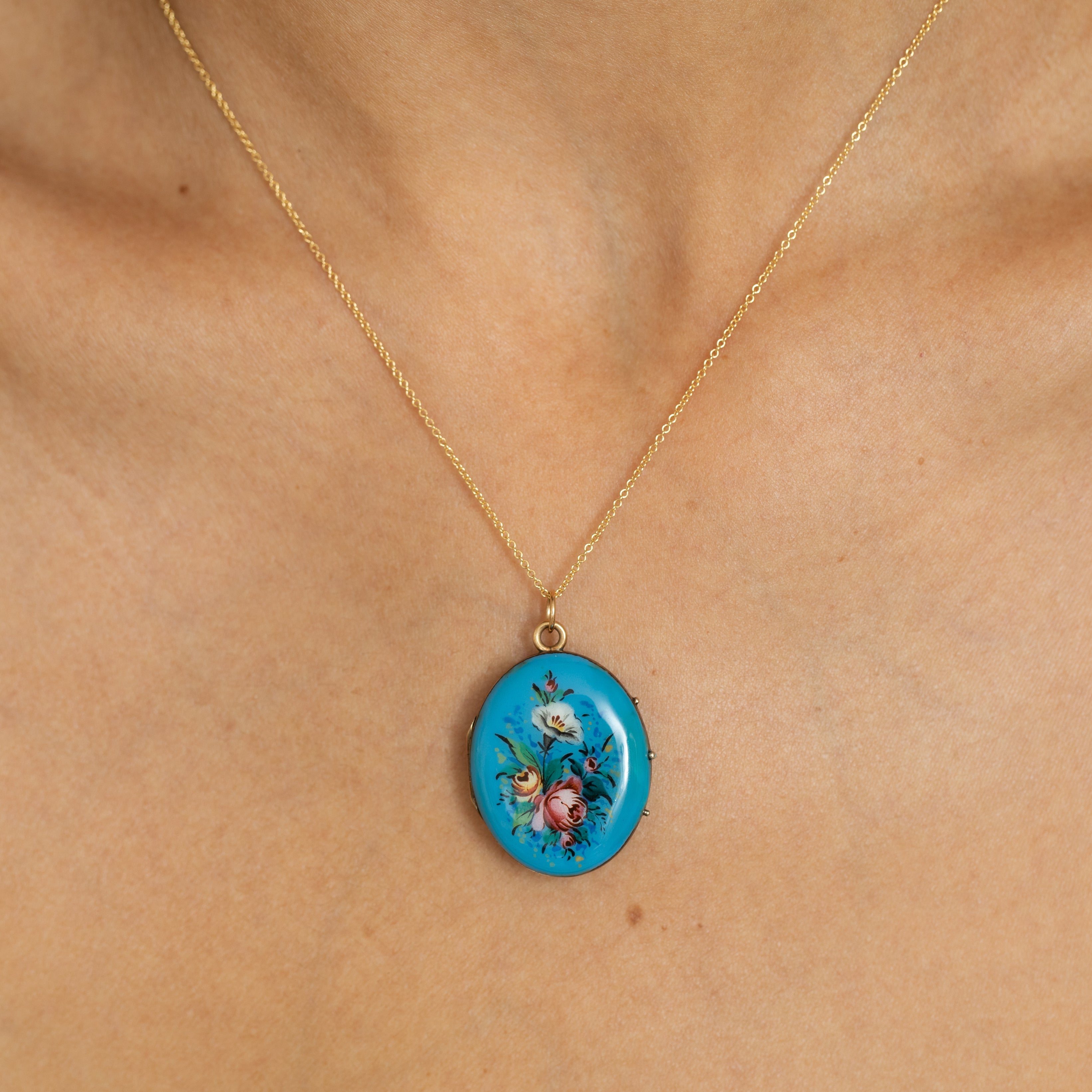 Victorian Hand Painted Floral And Blue Enamel Silver Locket
