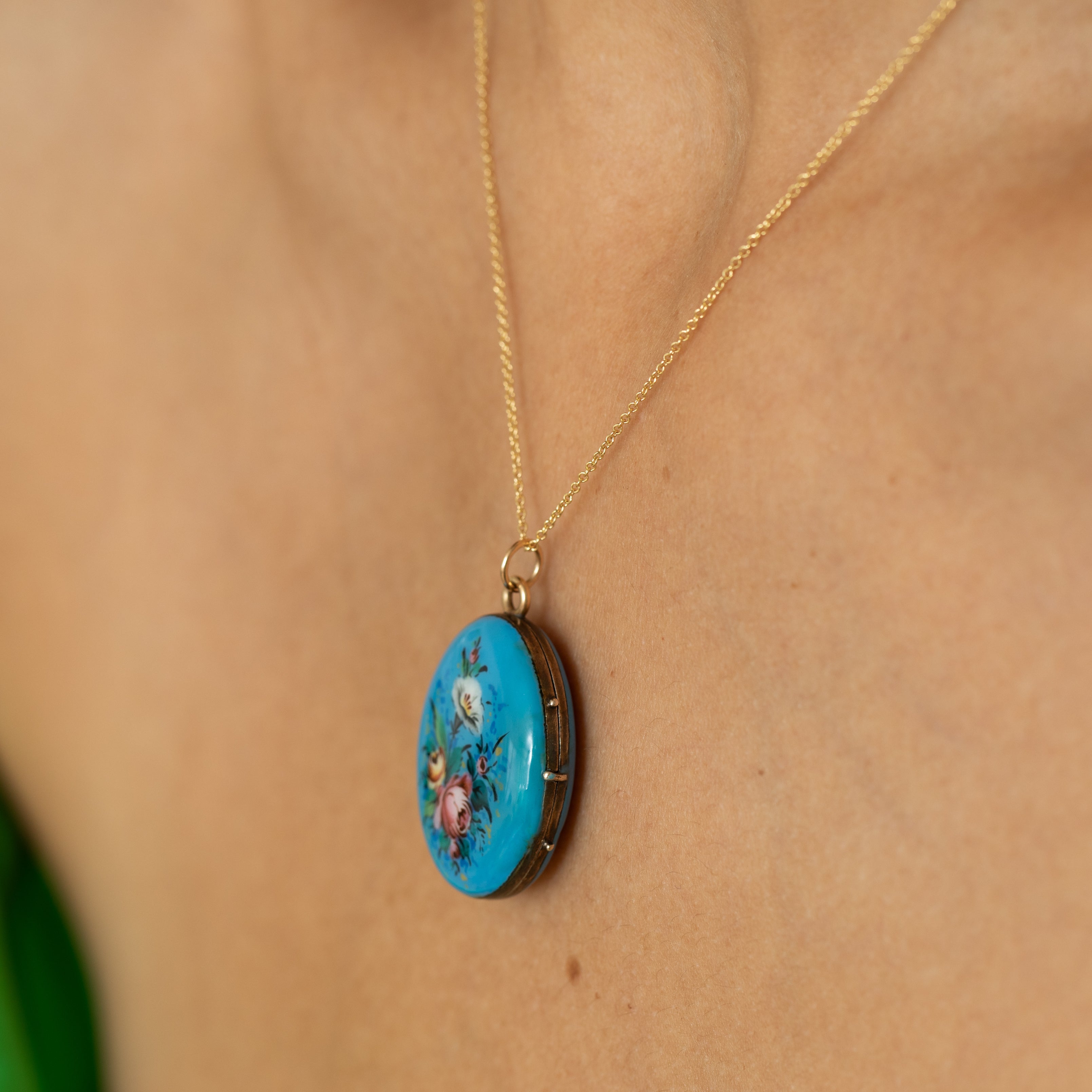 Victorian Hand Painted Floral And Blue Enamel Silver Locket