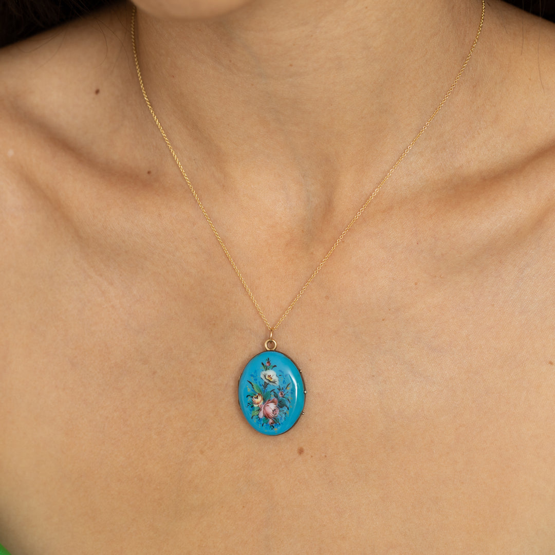 Victorian Hand Painted Floral And Blue Enamel Silver Locket