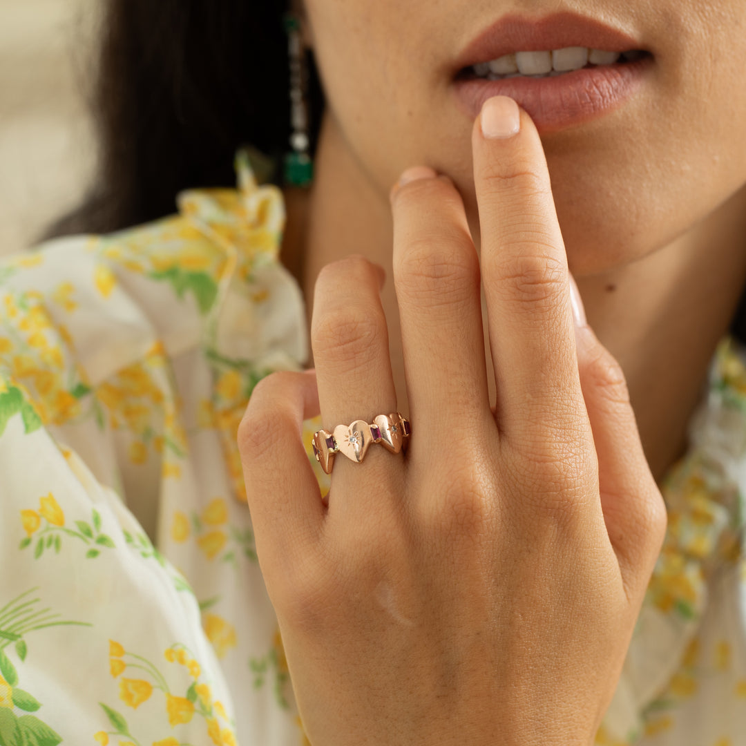 Ruby, Diamond, And 14k Rose Gold Heart Shaped Band