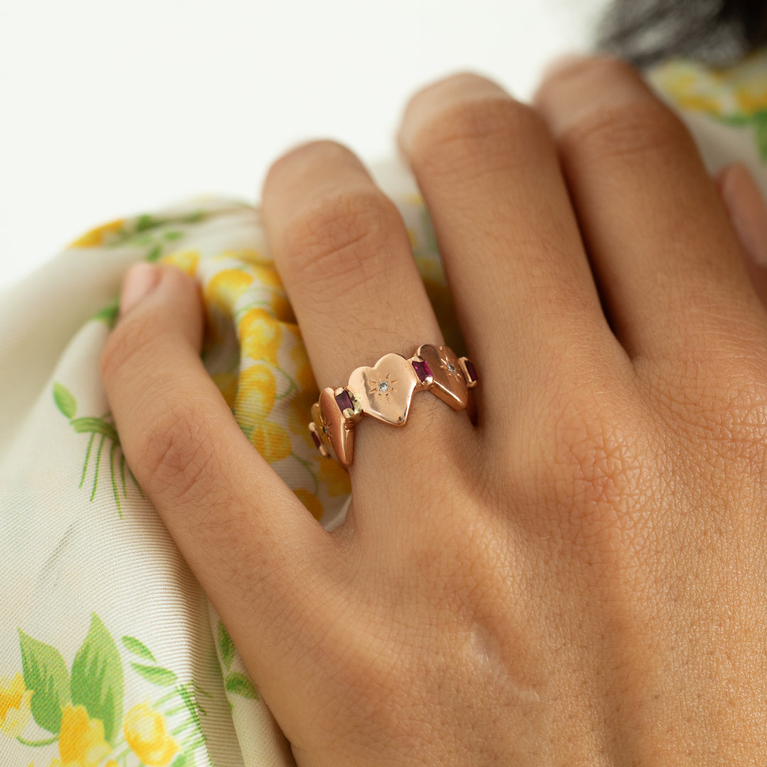 Ruby, Diamond, And 14k Rose Gold Heart Shaped Band