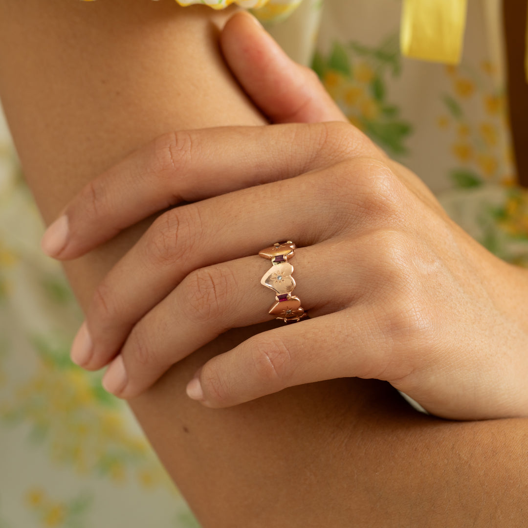 Ruby, Diamond, And 14k Rose Gold Heart Shaped Band