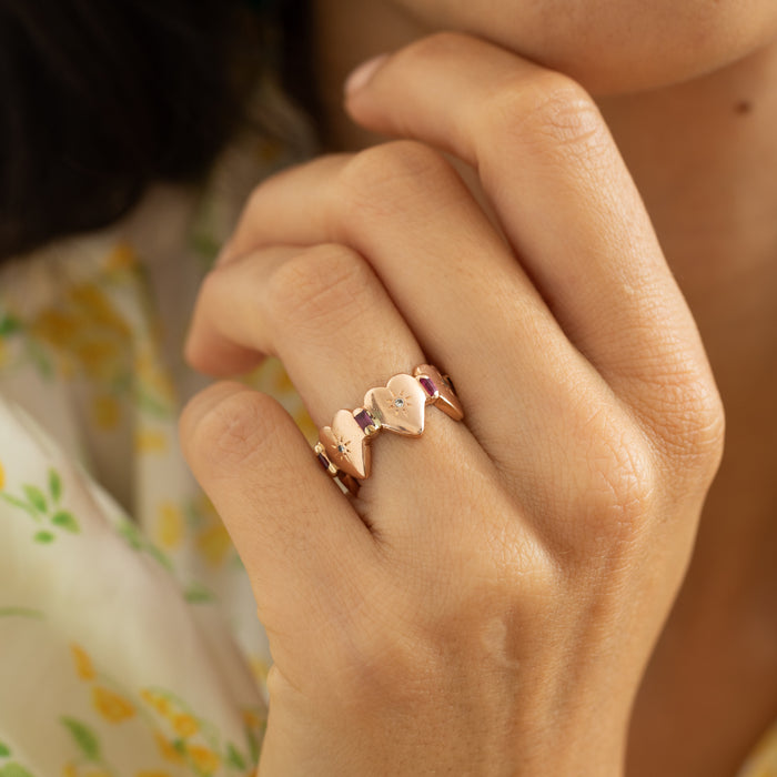 Ruby, Diamond, And 14k Rose Gold Heart Shaped Band