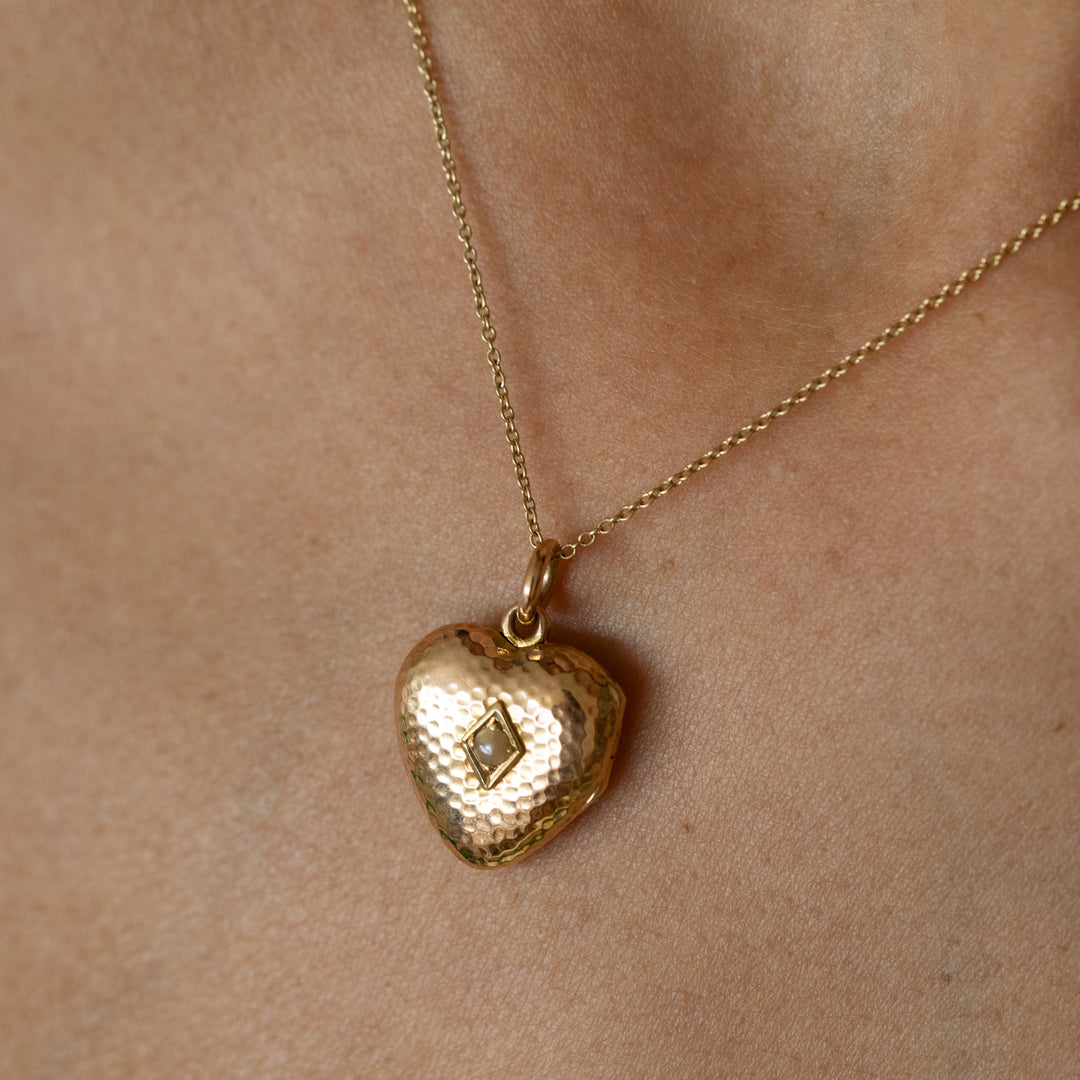 Victorian Hammered 14K Gold and Pearl Heart Shaped Locket