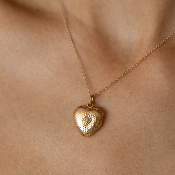 Victorian Hammered 14K Gold and Pearl Heart Shaped Locket
