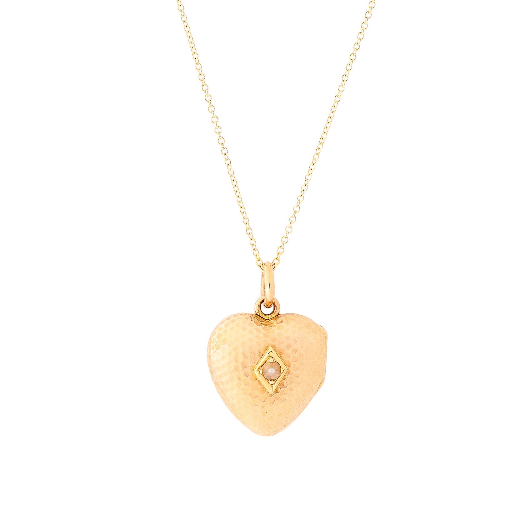 Victorian Hammered 14K Gold and Pearl Heart Shaped Locket
