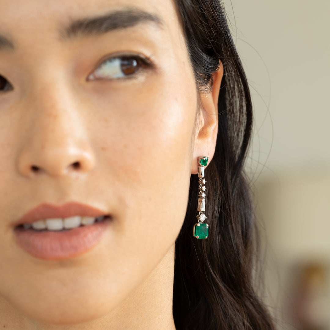 Emerald, Diamond, And 14K White Gold Dangle Earrings