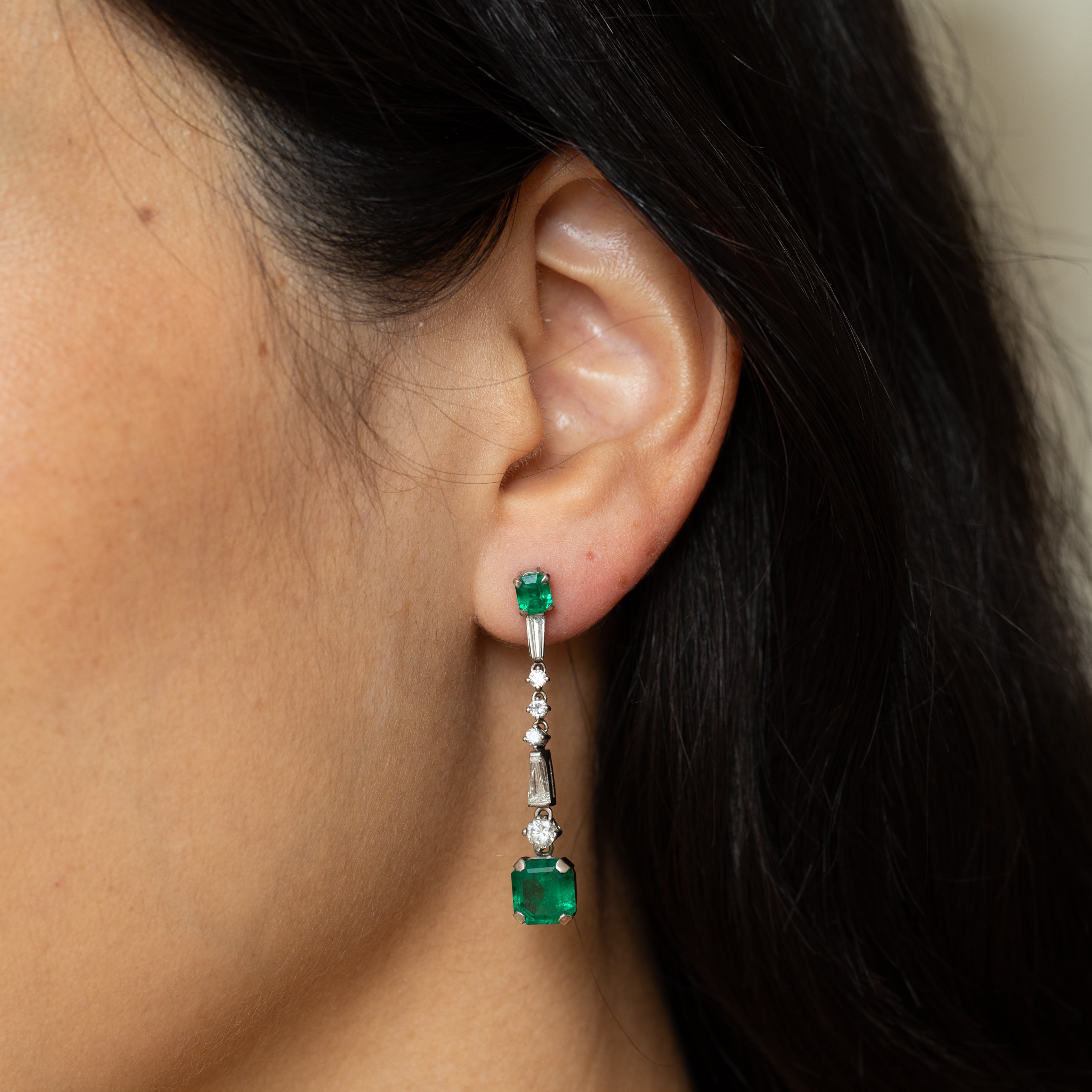 Emerald, Diamond, And 14K White Gold Dangle Earrings