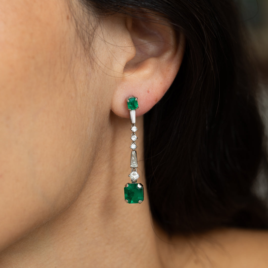 Emerald, Diamond, And 14K White Gold Dangle Earrings