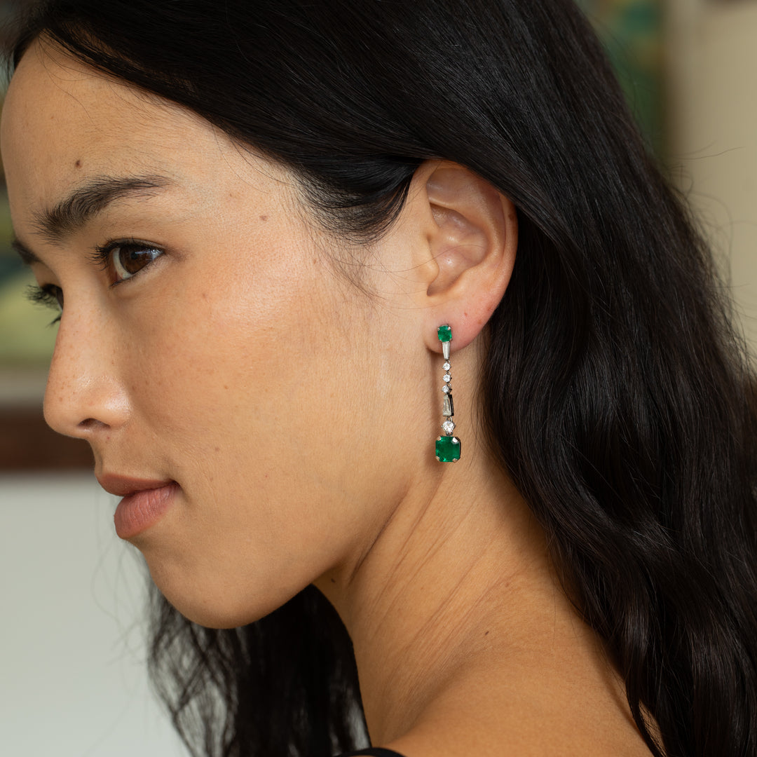 Emerald, Diamond, And 14K White Gold Dangle Earrings