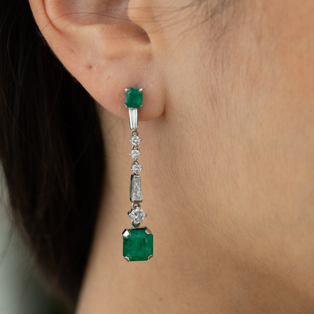 Emerald, Diamond, And 14K White Gold Dangle Earrings
