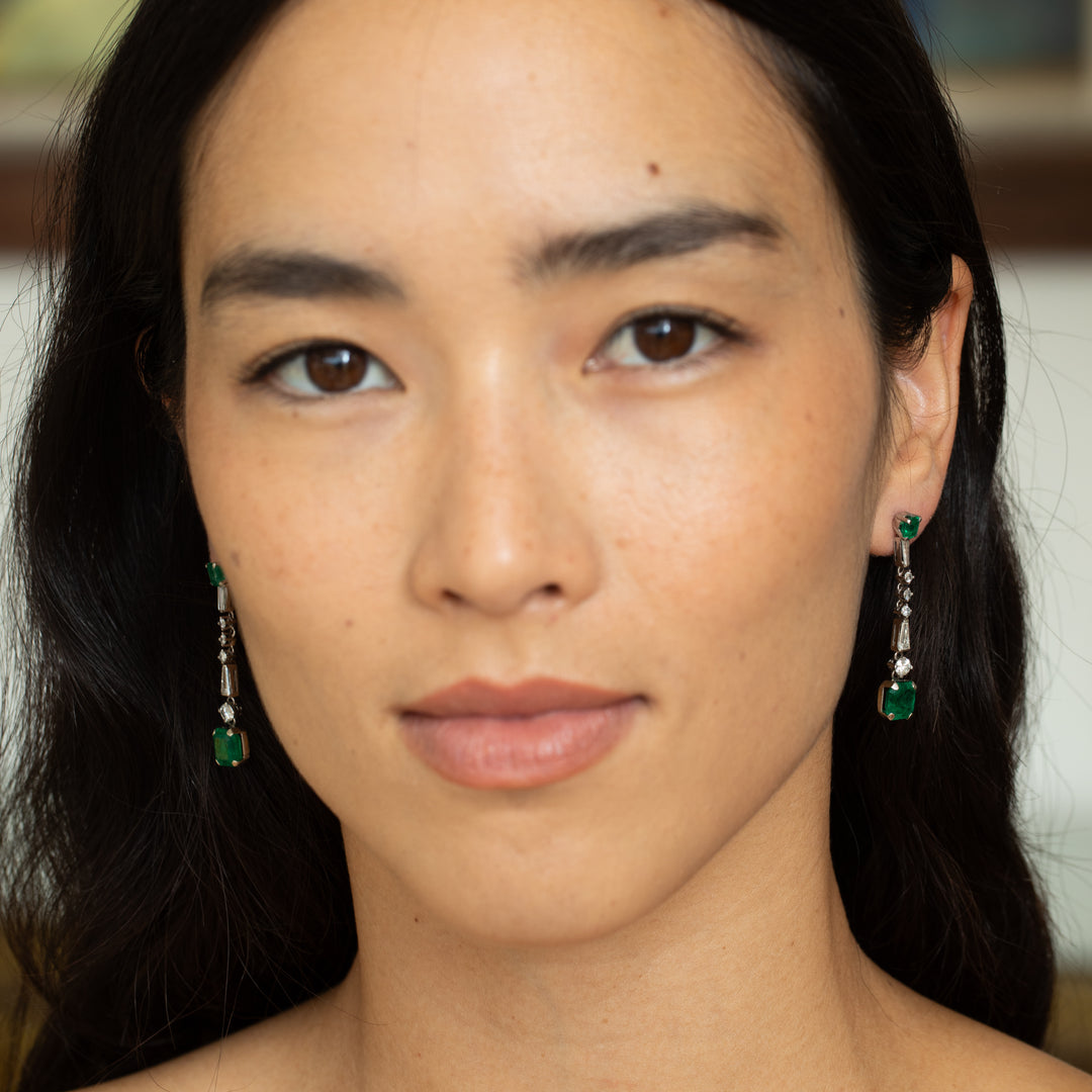 Emerald, Diamond, And 14K White Gold Dangle Earrings