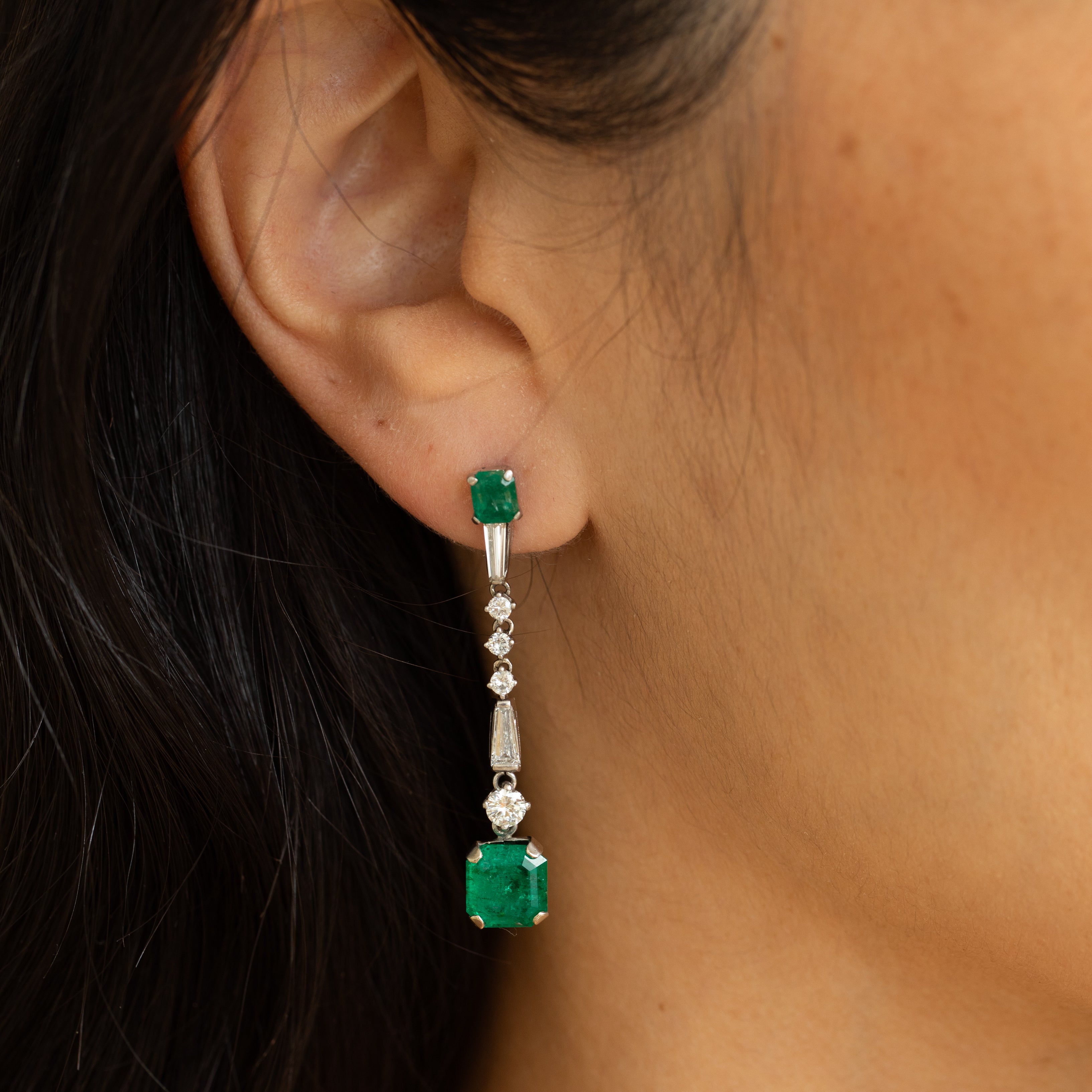Emerald, Diamond, And 14K White Gold Dangle Earrings