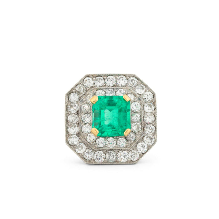 Emerald, Diamond, 18K Gold, and Platinum Octagonal Ring