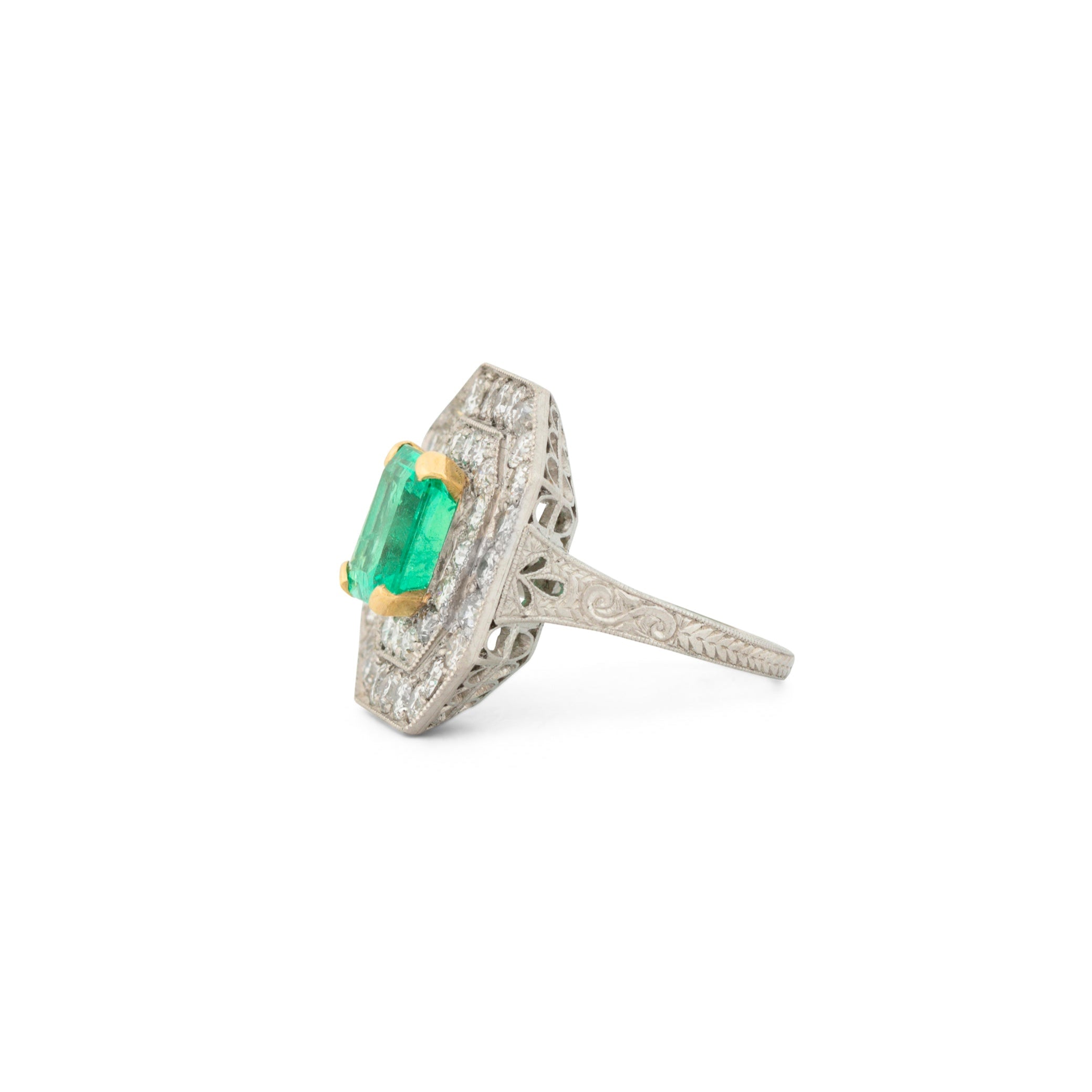 Emerald, Diamond, 18K Gold, and Platinum Octagonal Ring
