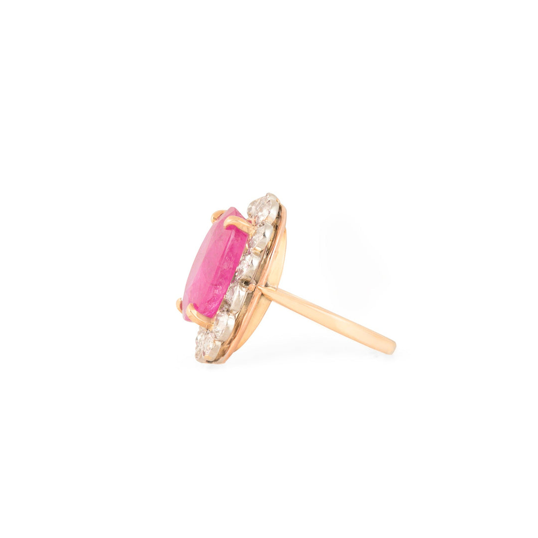 Victorian Large Pink Sapphire, Diamond, and 14K Gold Cluster Ring