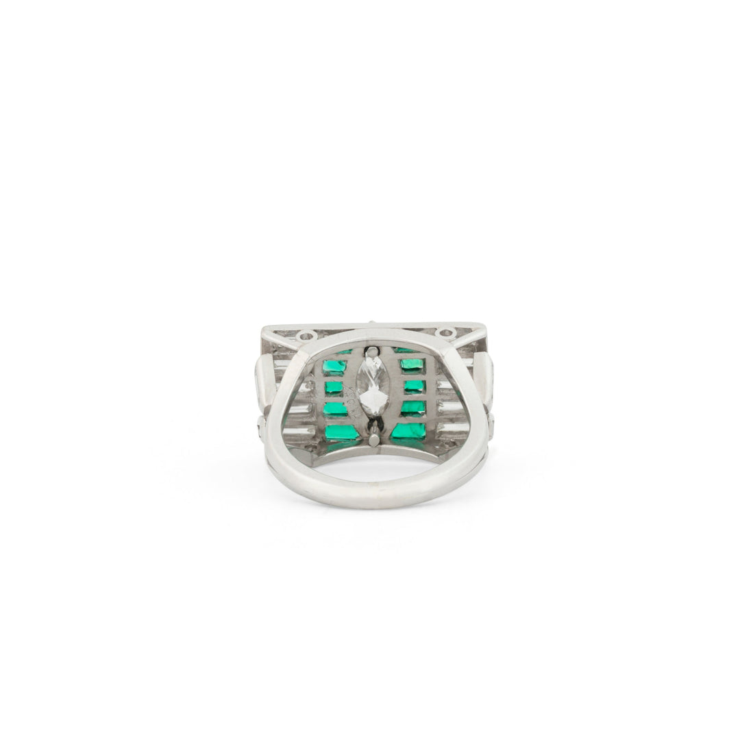 Art Deco Marquise Diamond, Emerald, and Platinum Ring