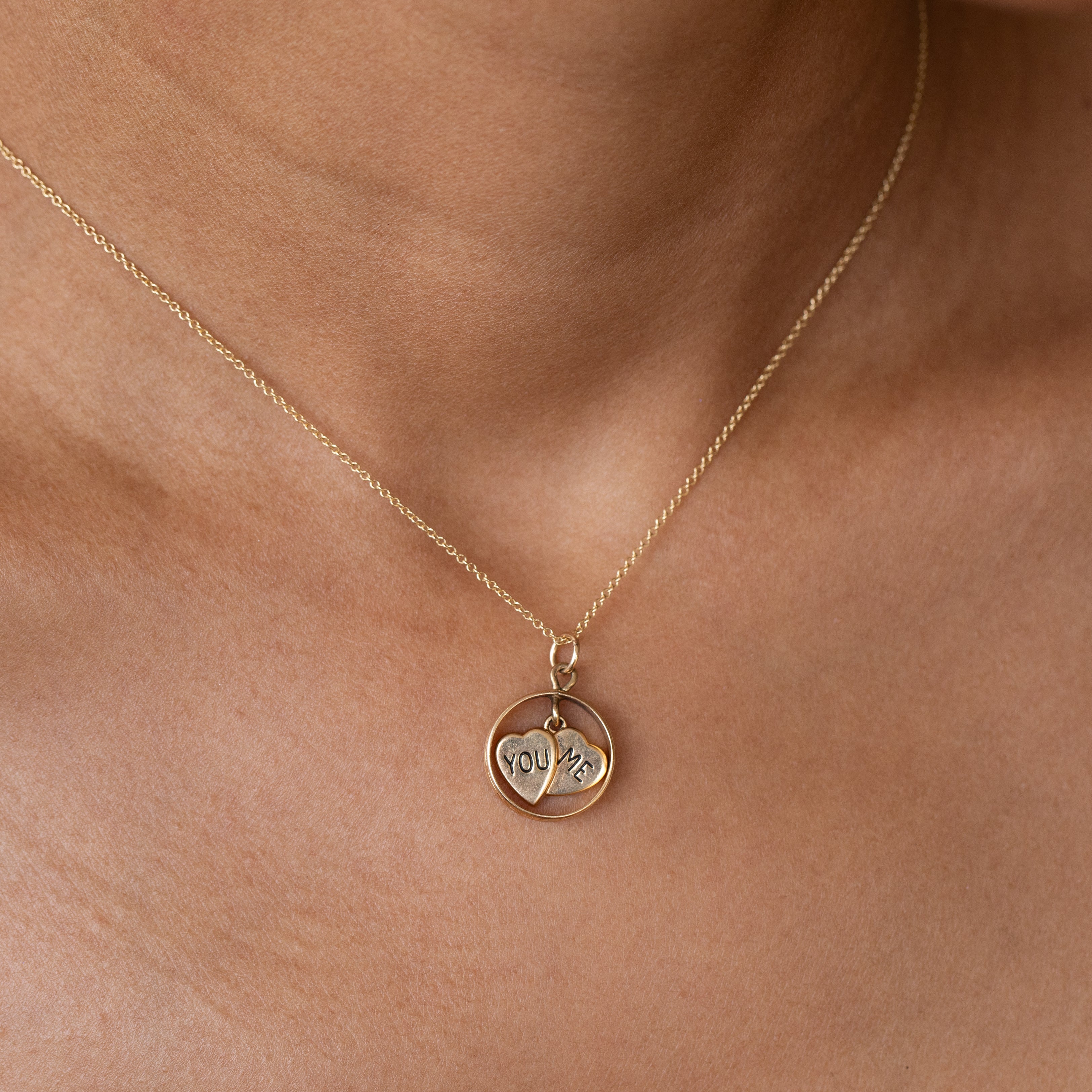 Double Heart "YOU ME" 14K Gold Charm
