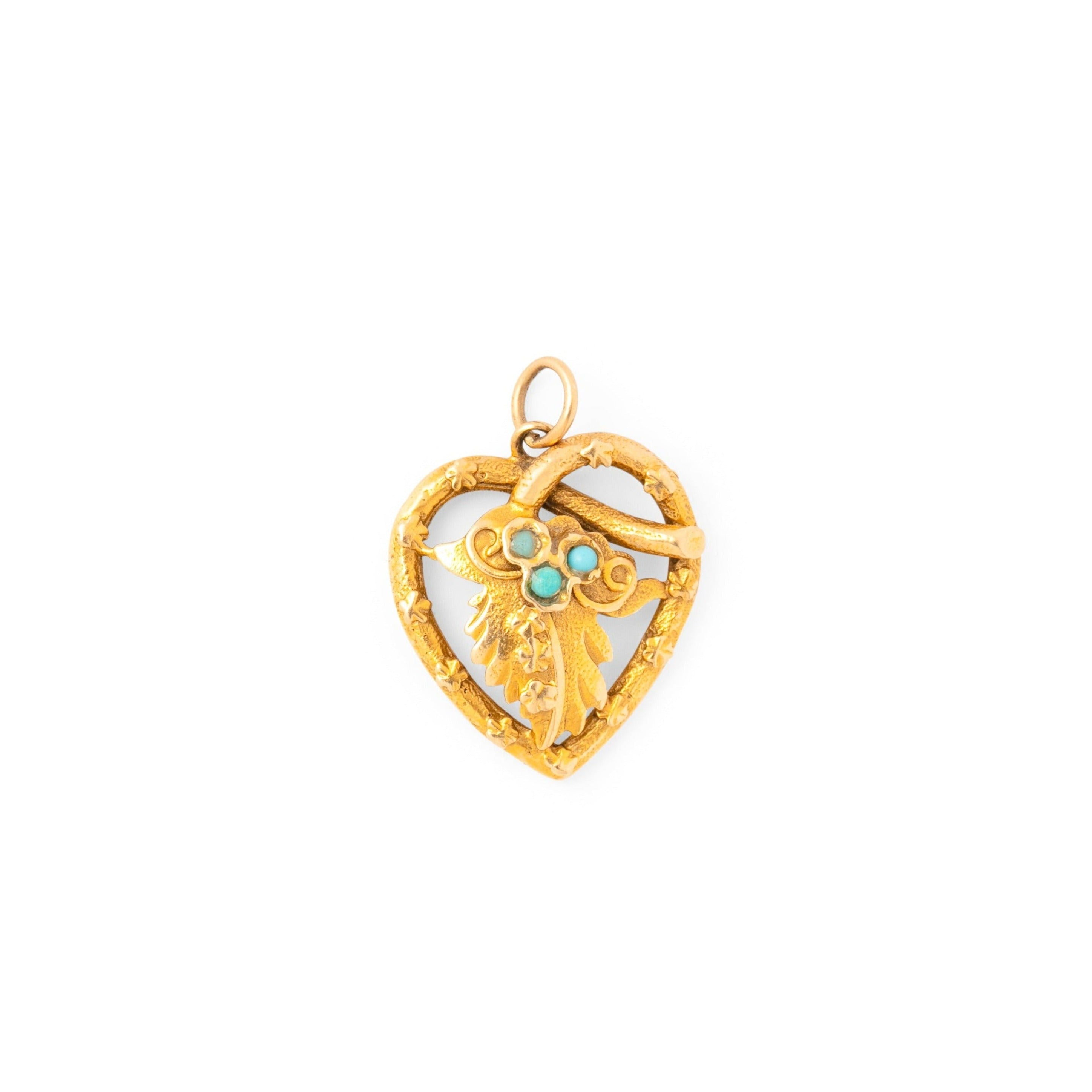 Turquoise and 14K Gold Heart And Leaf Charm
