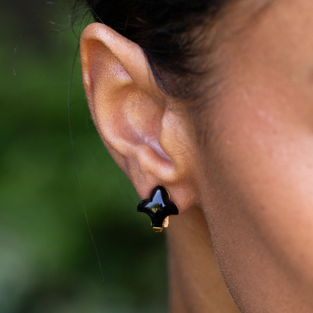 French Onyx and 18K Gold Fleur-De-Lis Earrings