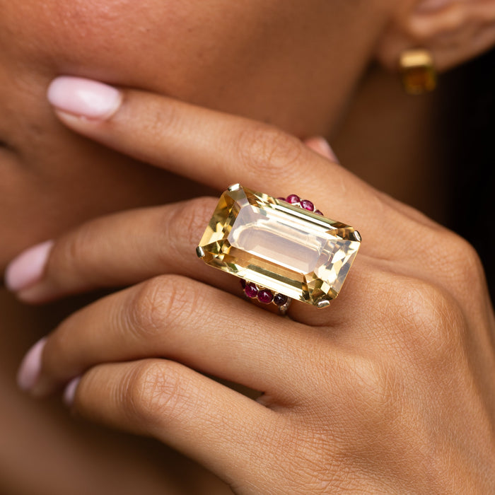 Retro Citrine, Ruby, Diamond, and 14k Gold Cocktail Ring
