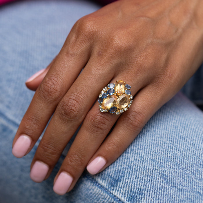 Yellow Beryl, Sapphire, Diamond and 18K Gold Ring