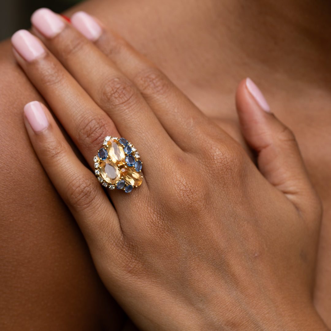 Yellow Beryl, Sapphire, Diamond and 18K Gold Ring