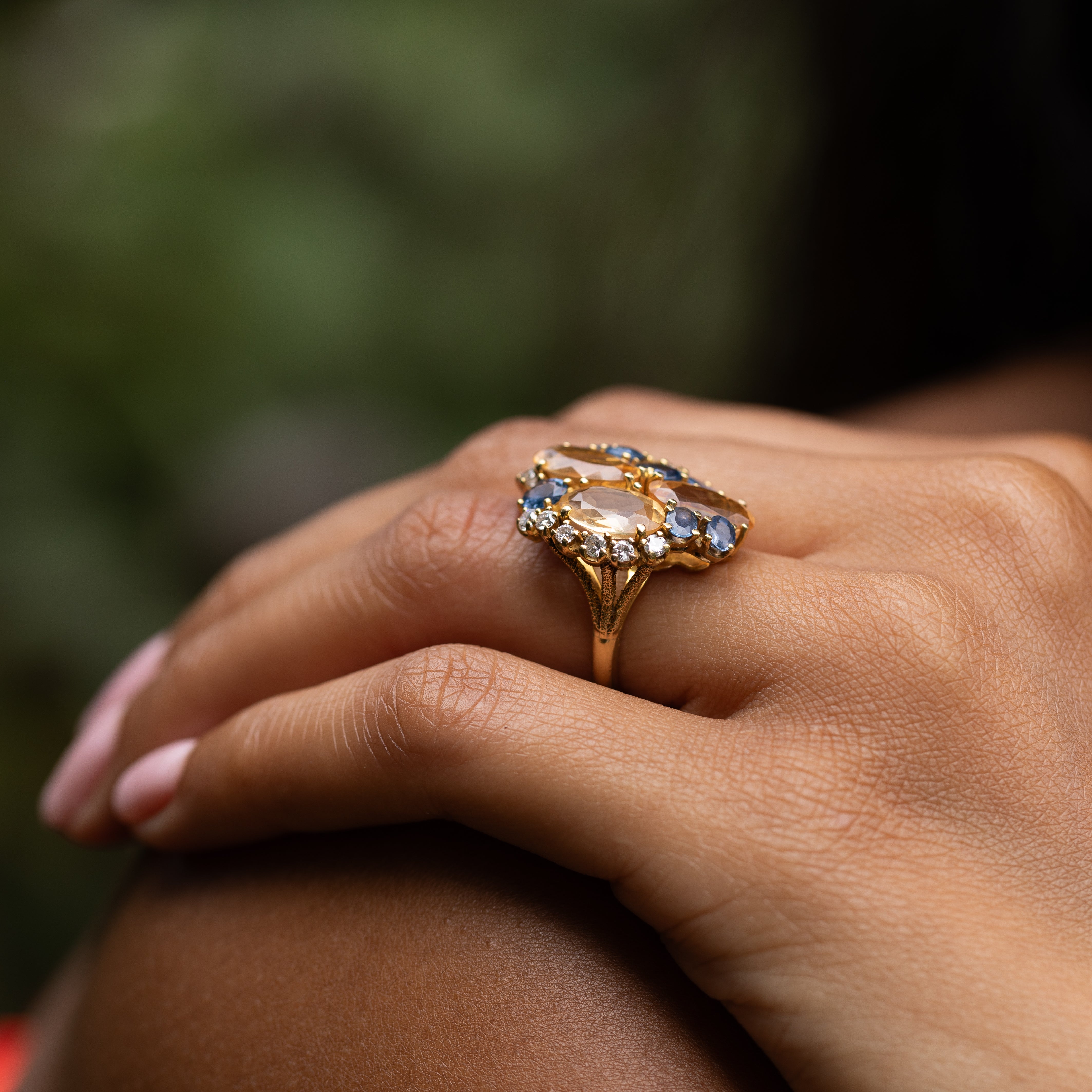 Yellow Beryl, Sapphire, Diamond and 18K Gold Ring