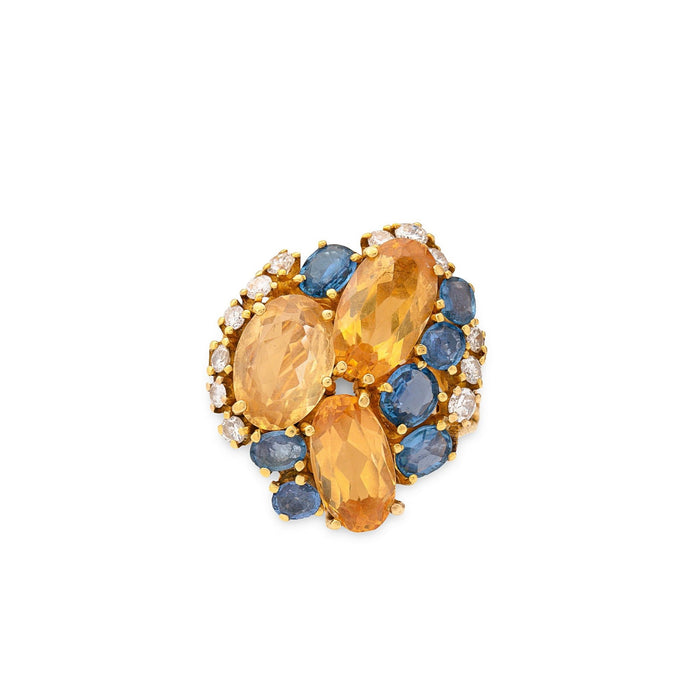 Yellow Beryl, Sapphire, Diamond and 18K Gold Ring