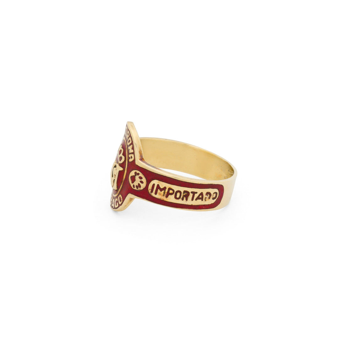 Red Enamel and 10K Gold Cigar Band Ring