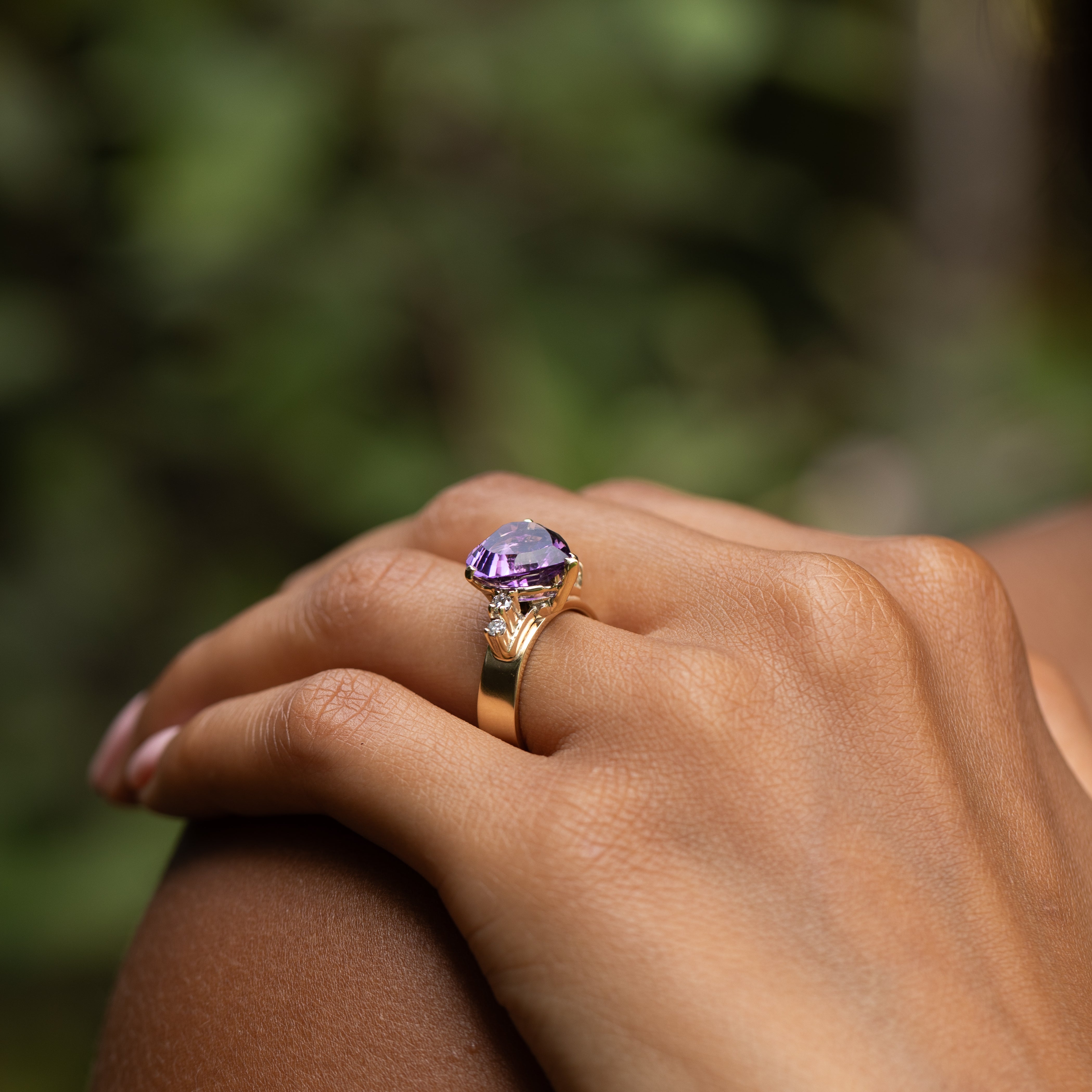 Heart-Shaped Amethyst, Diamond, and 14K Gold Ring