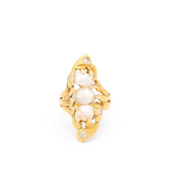 Art Nouveau Baroque Pearl, Diamond, and 14K Gold Ring