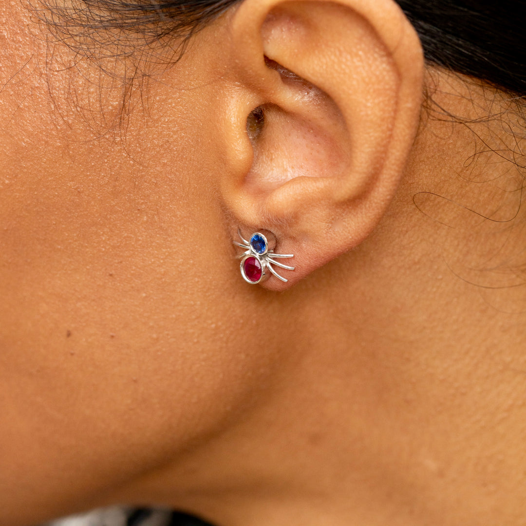 Ruby, Sapphire, and 14k White Gold Spider Stud Earrings