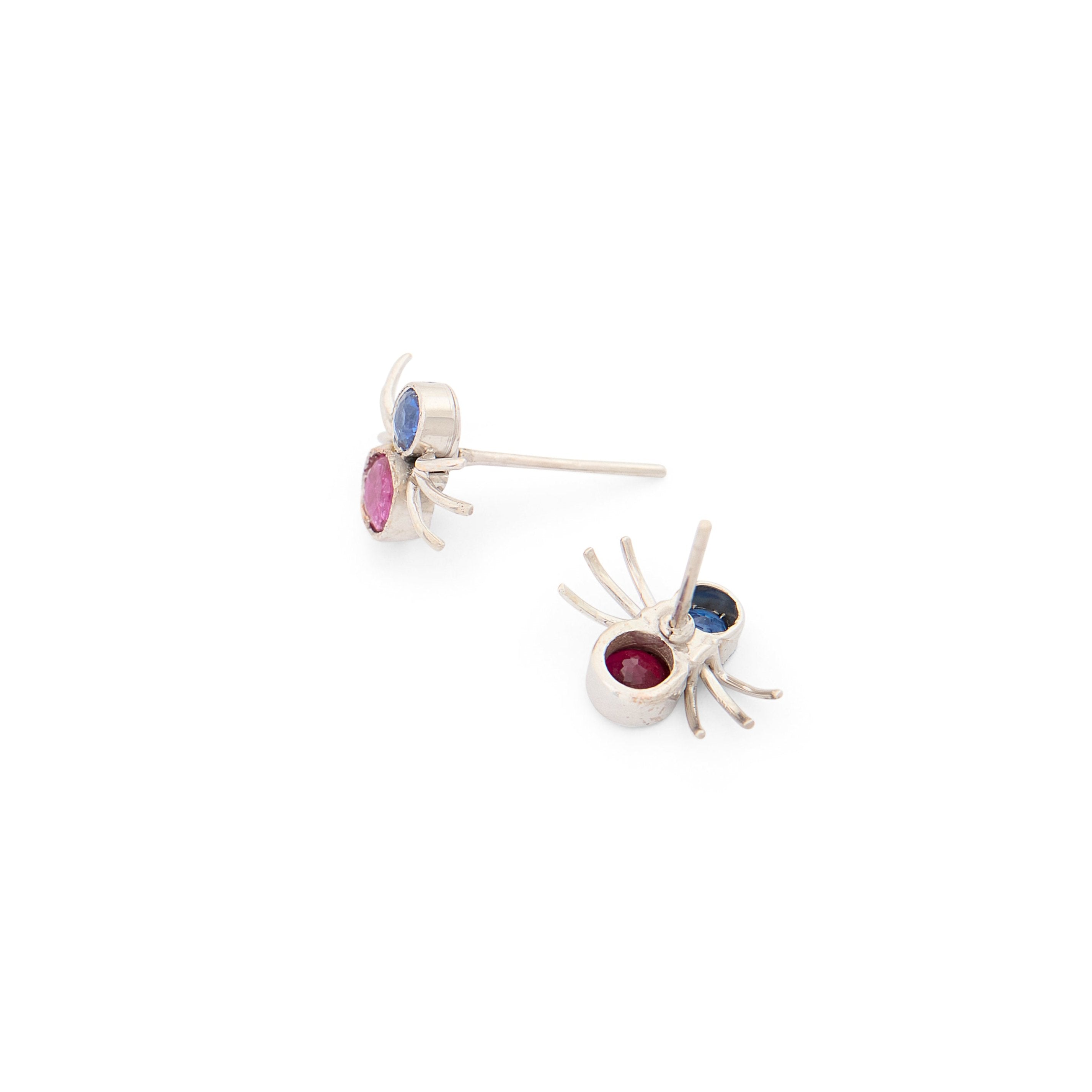 Ruby, Sapphire, and 14k White Gold Spider Stud Earrings