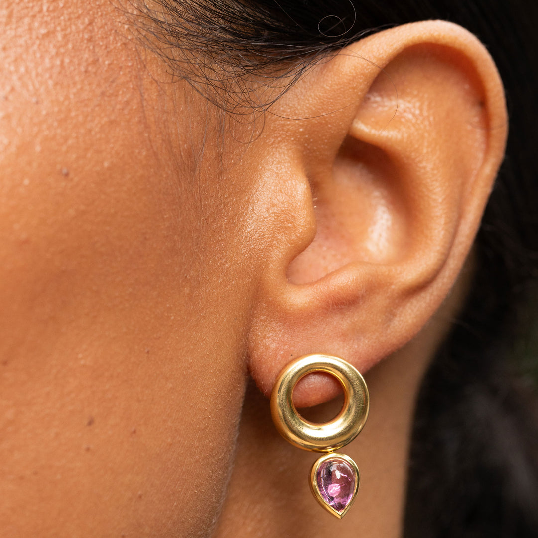 French Pink Tourmaline and 18K Gold Earrings