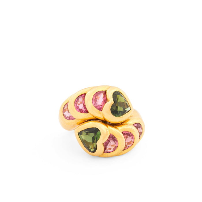 French Pink and Green Tourmaline 18K Gold Ring