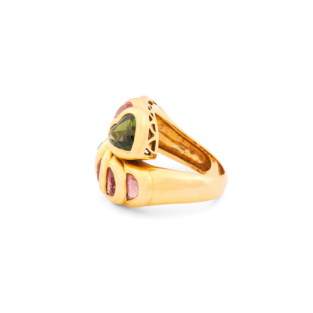 French Pink and Green Tourmaline 18K Gold Ring