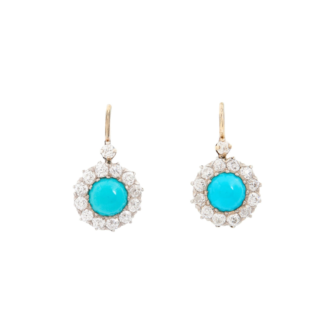 Victorian Turquoise and Diamond Cluster 14K Gold Drop Earrings