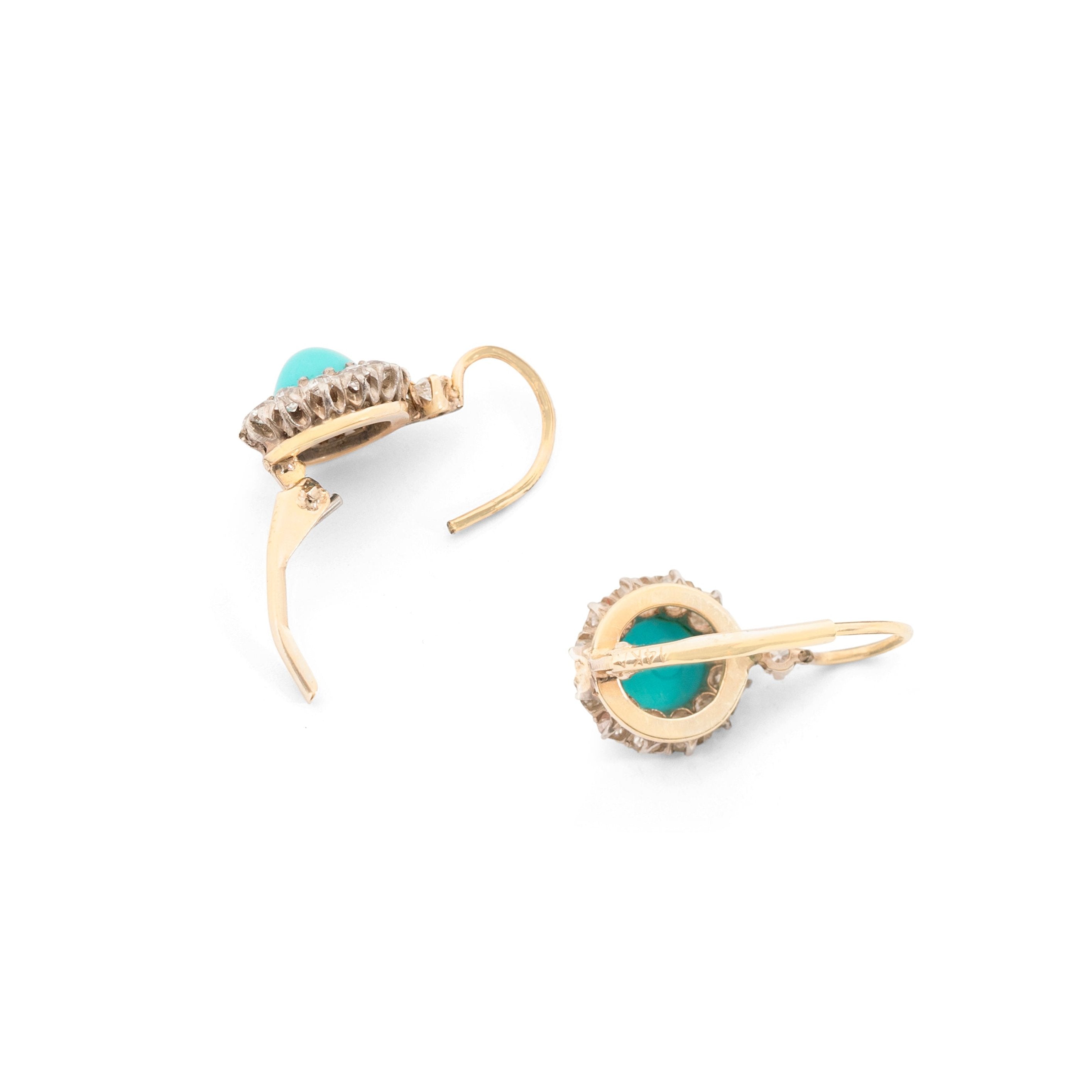 Victorian Turquoise and Diamond Cluster 14K Gold Drop Earrings