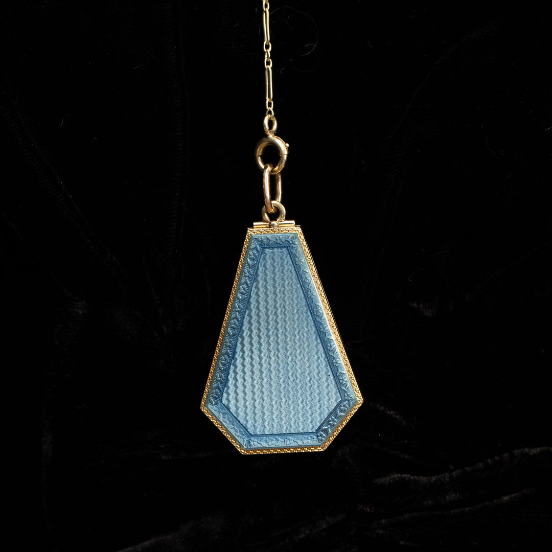 Art Deco Guilloche Enamel And 14k Gold Locket And Chain Necklace