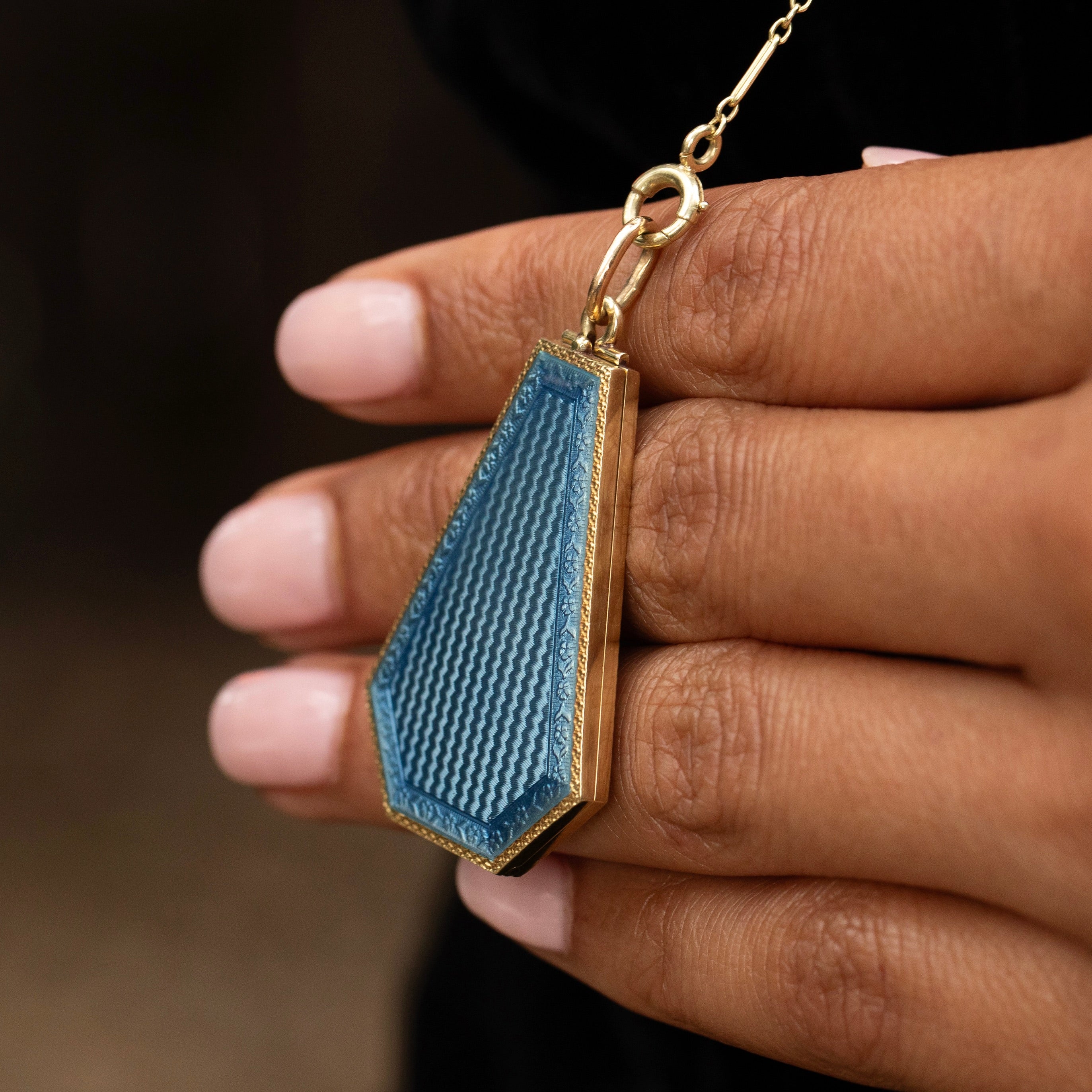 Art Deco Guilloche Enamel And 14k Gold Locket And Chain Necklace